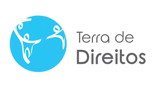 Blue circle with abstract white human figures, and the text “Terra de Direitos.”